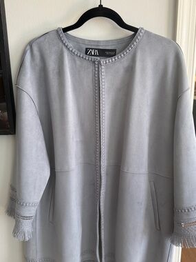 ZARA Light Blue Fringe-Trim Suede Jacket